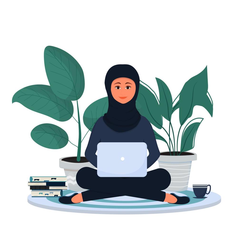 musulmana, donna araba seduta e lavorando con il computer portatile in hijab, abiti tradizionali. formazione online, concetto di freelance, posto di lavoro confortevole isolato su sfondo bianco. . illustrazione vettoriale