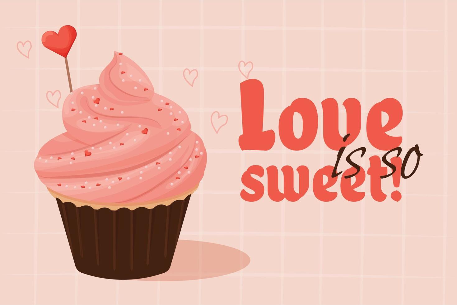 cupcake con crema rosa, gustoso dessert delizioso con decorazione a cuore, l'amore del testo è così dolce. festa di san valentino. clipart, elemento di design, biglietto di auguri o poster. illustrazione vettoriale