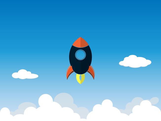 progetto di business startup razzo volare sopra le nuvole vettore