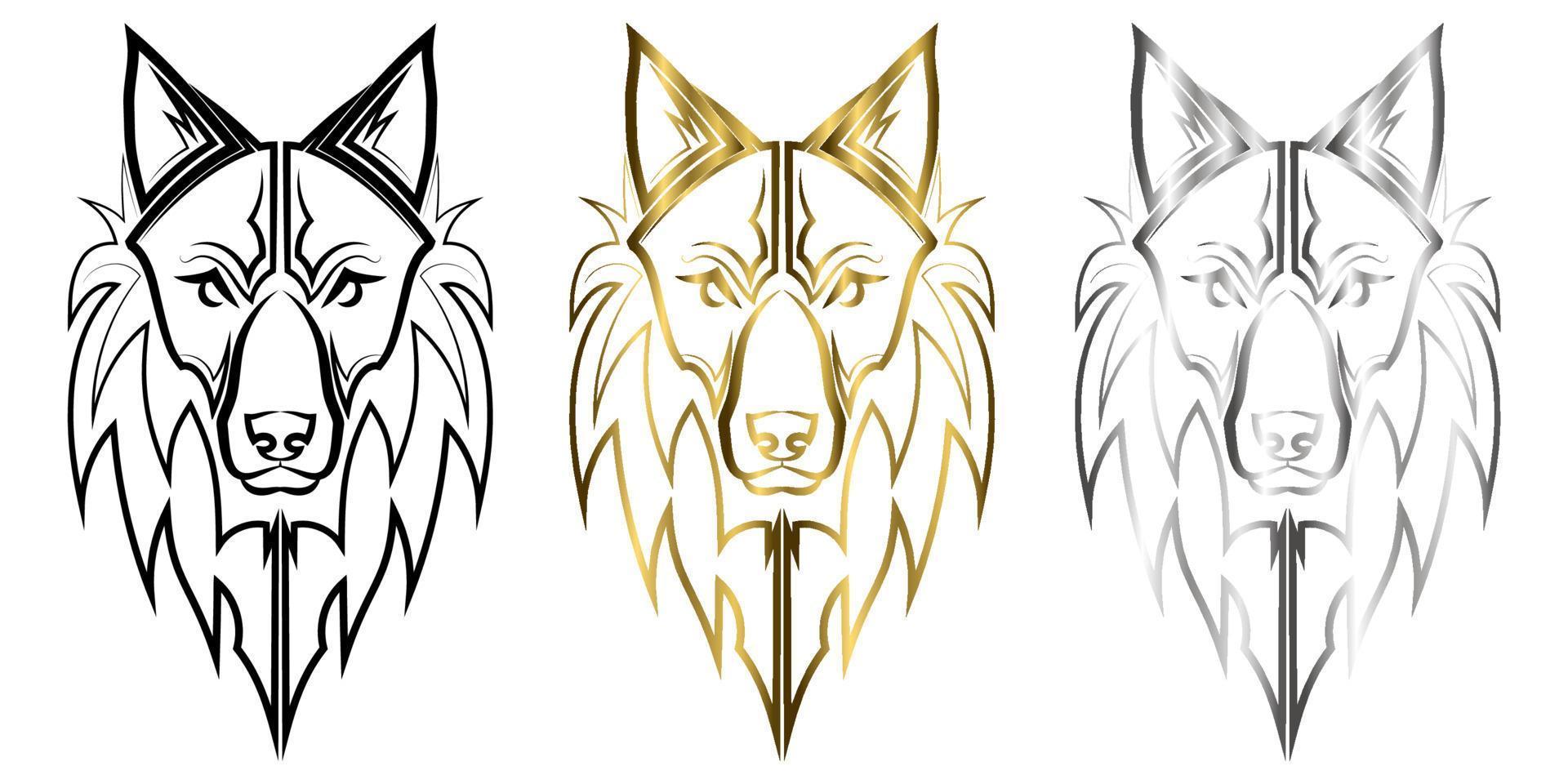 tre colori nero oro e argento linea arte della testa di lupo buon uso per simbolo mascotte icona avatar tatuaggio t shirt design logo o qualsiasi disegno tu voglia vettore