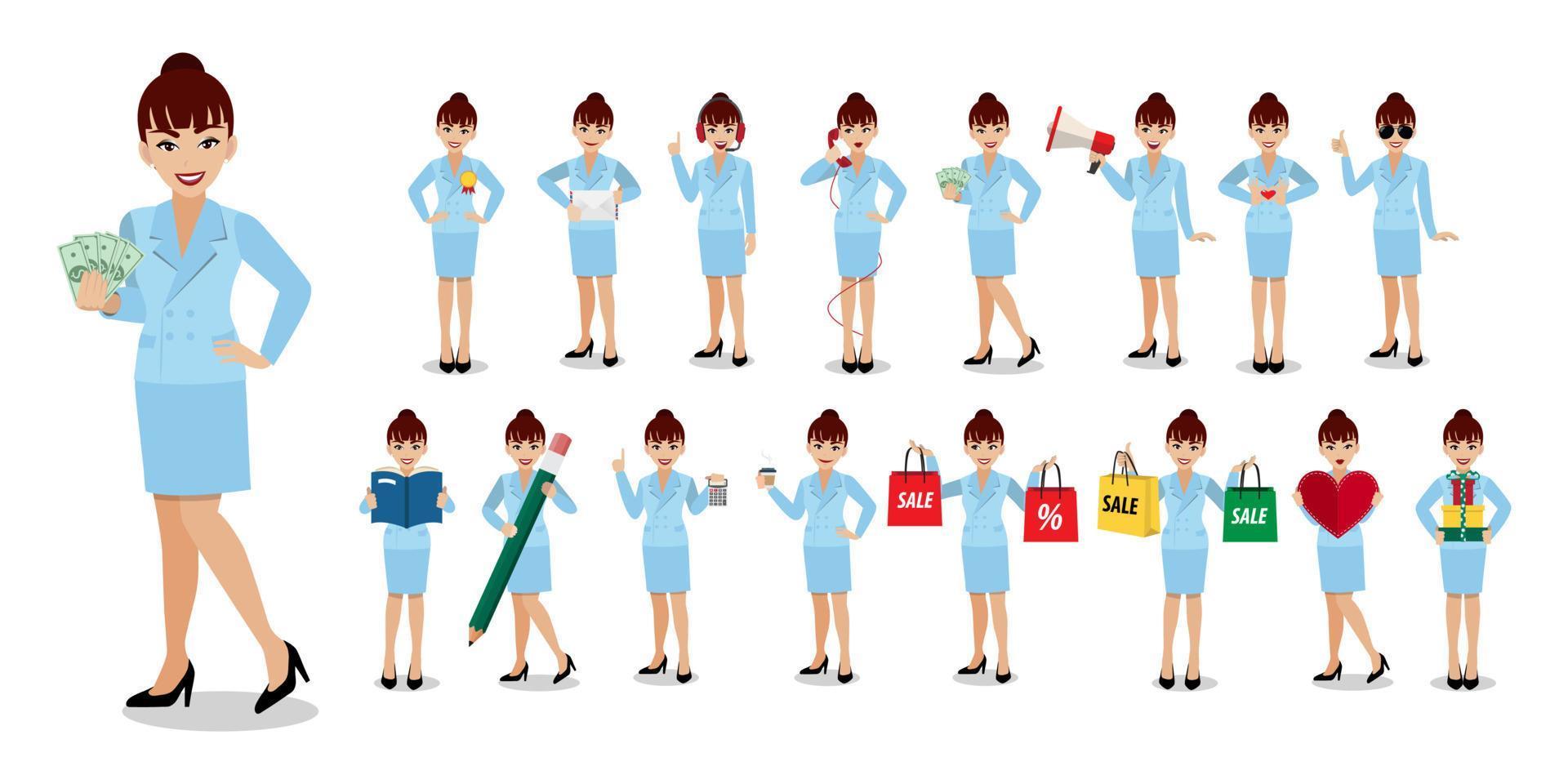 set di personaggi dei cartoni animati di donna d'affari. bella donna d'affari in abito di colore blu su sfondo bianco. illustrazione vettoriale