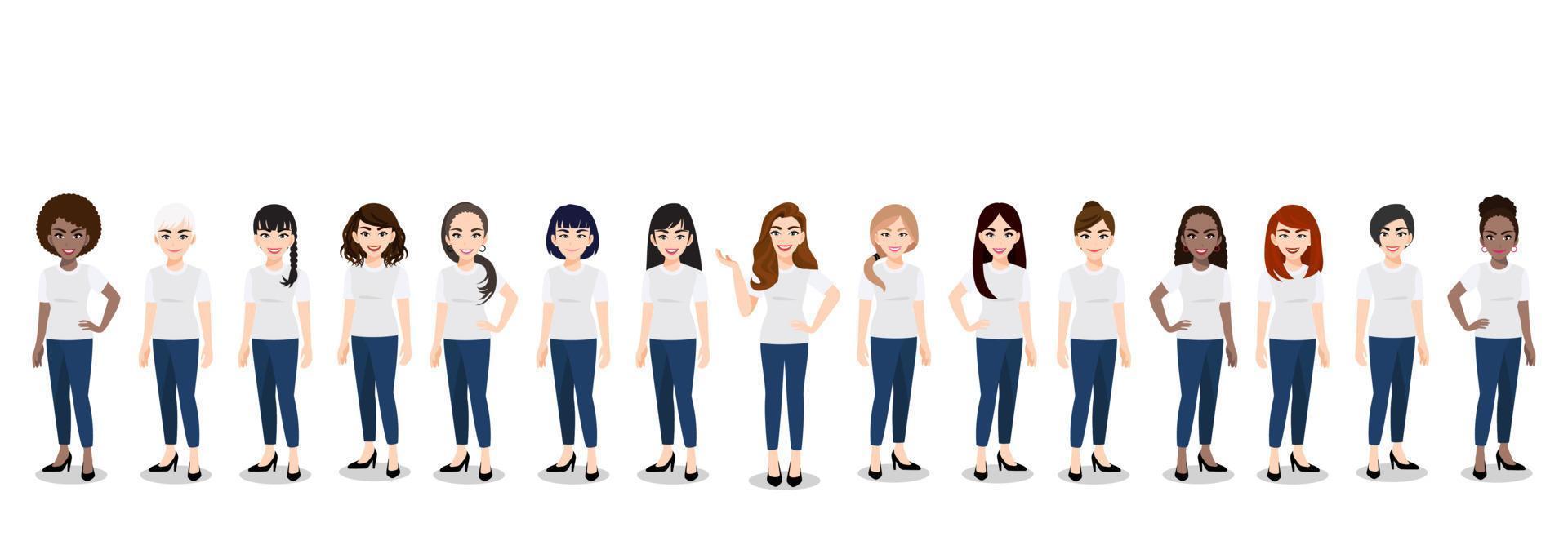 personaggio dei cartoni animati con la squadra femminile in t-shirt bianca e blu jeans casual. illustrazione vettoriale piatta felice giornata internazionale della donna.