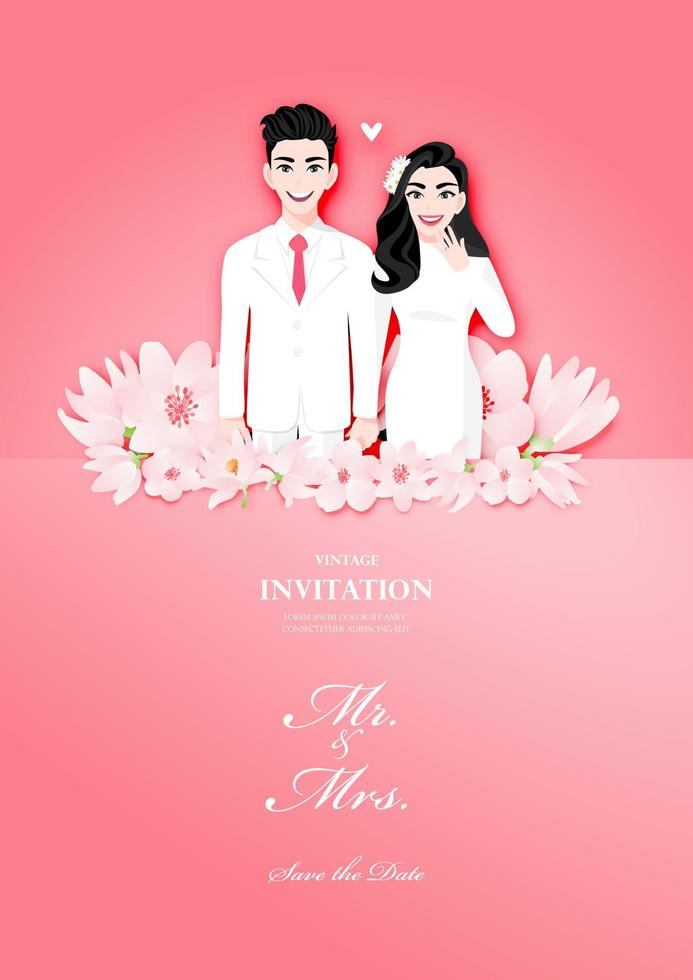 coppia d'amore il giorno delle nozze in uno sfondo di fiori rosa. personaggio dei cartoni animati di san valentino o invito a nozze disegno vettoriale
