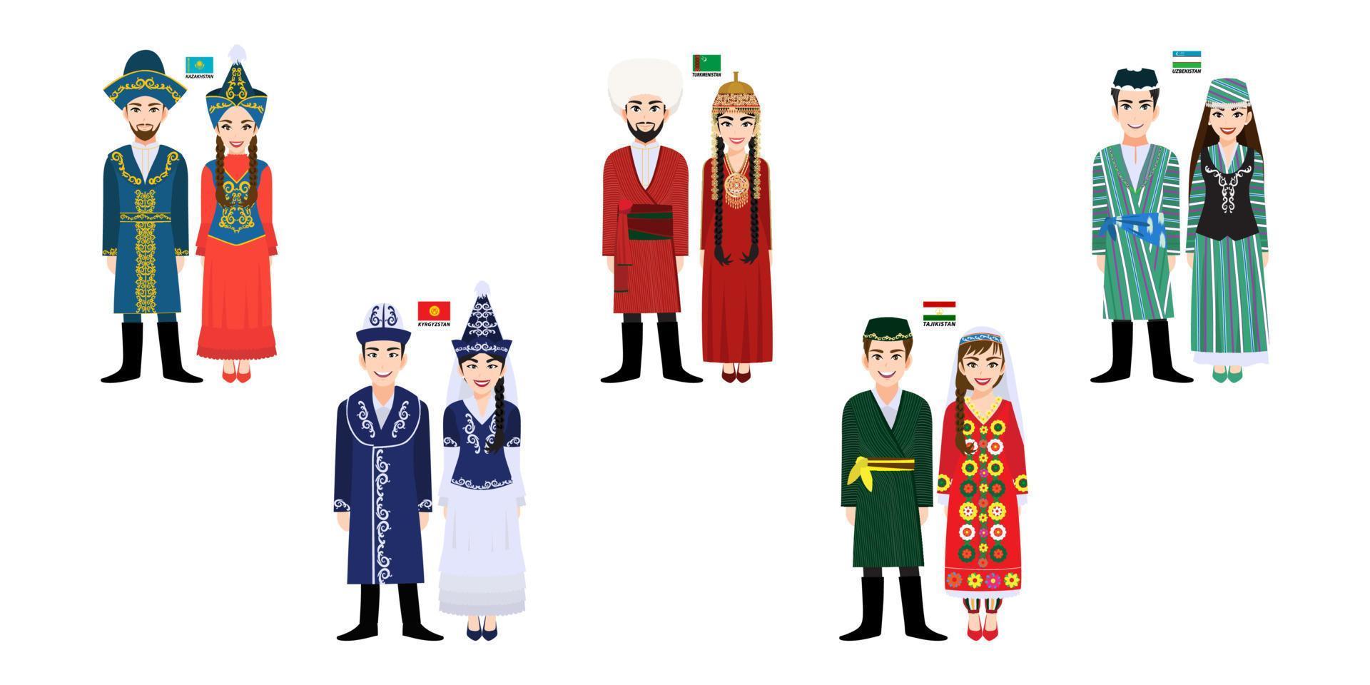 set di 10 personaggi dei cartoni animati di uomini e donne dell'Asia centrale in costume tradizionale con vettore di bandiera