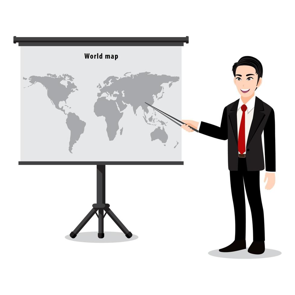 personaggio dei cartoni animati con una presentazione uomo sulla mappa. insegnante o lettore che mostra la mappa con il puntatore. vettore di illustrazione piatta