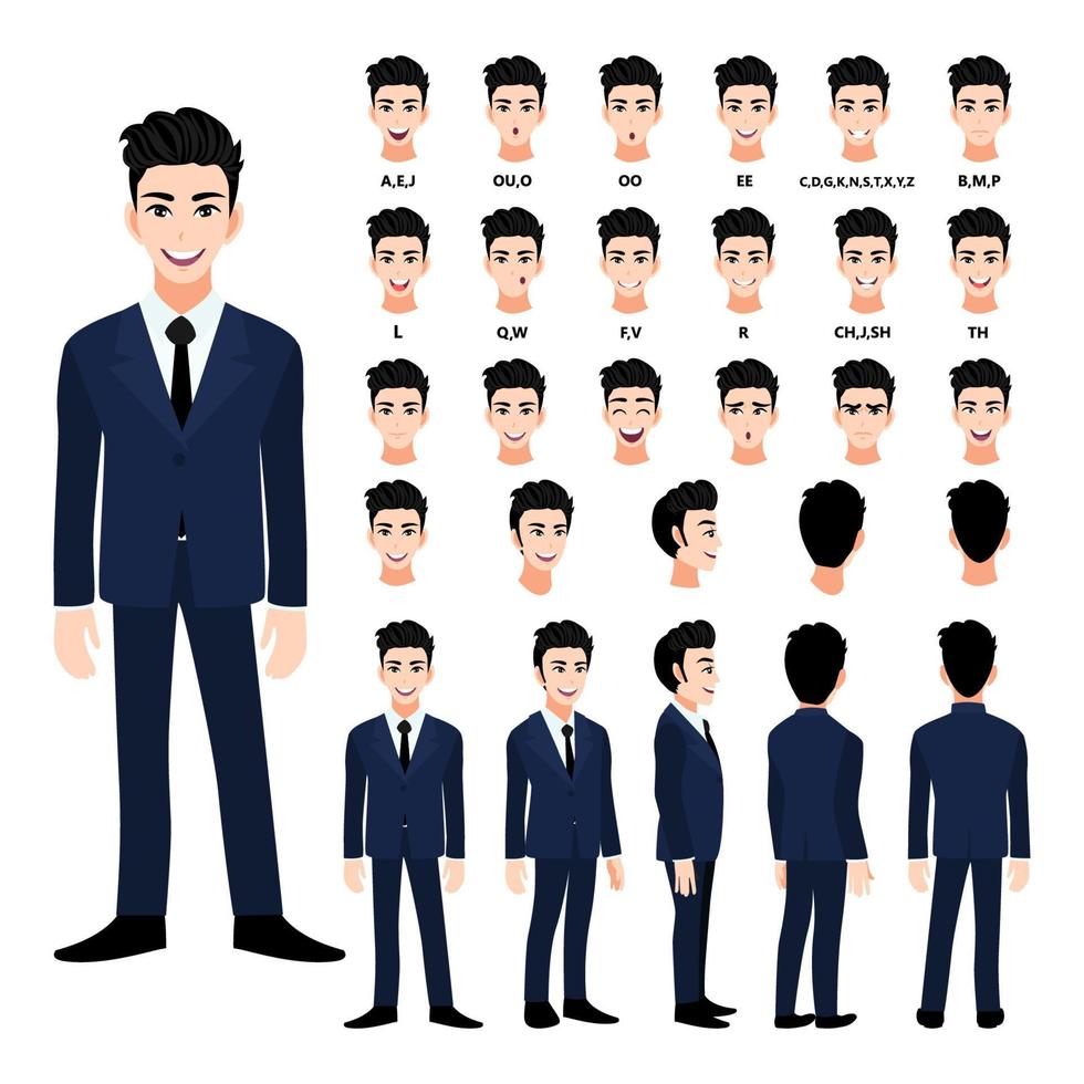 personaggio dei cartoni animati con un bell'uomo d'affari vestito per l'animazione. fronte, lato, retro, 3-4 caratteri di visualizzazione. parti separate del corpo. illustrazione vettoriale piatta.