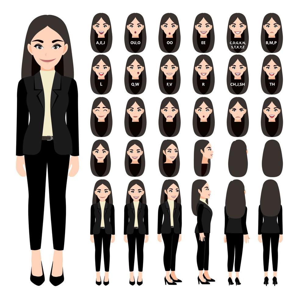 personaggio dei cartoni animati con donna d'affari in tuta per l'animazione. fronte, lato, retro, 3-4 caratteri di visualizzazione. parti separate del corpo. illustrazione vettoriale piatto.