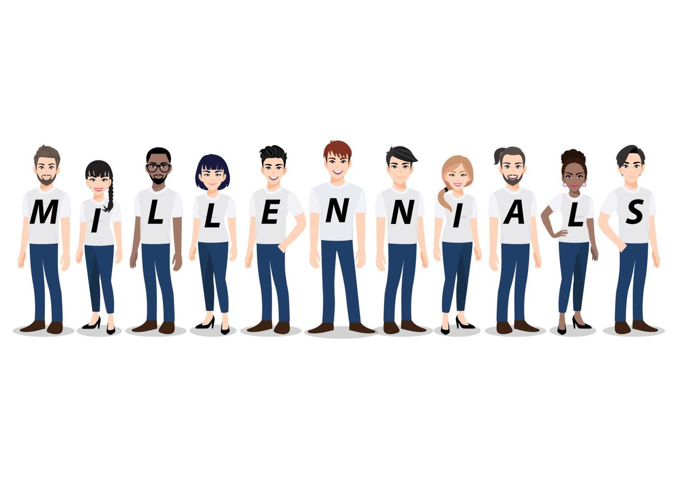 personaggio dei cartoni animati con gruppo di persone di generazione millenaria. giovani uomini e donne in piedi insieme in t-shirt bianca e jeans blu casual, piatto icona disegno vettoriale