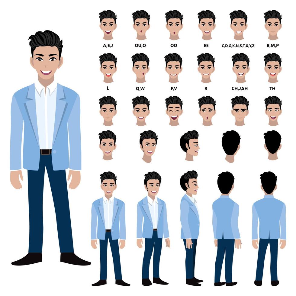personaggio dei cartoni animati con uomo d'affari in tuta per l'animazione. fronte, lato, retro, 3-4 caratteri di visualizzazione. parti separate del corpo. illustrazione vettoriale piatto.