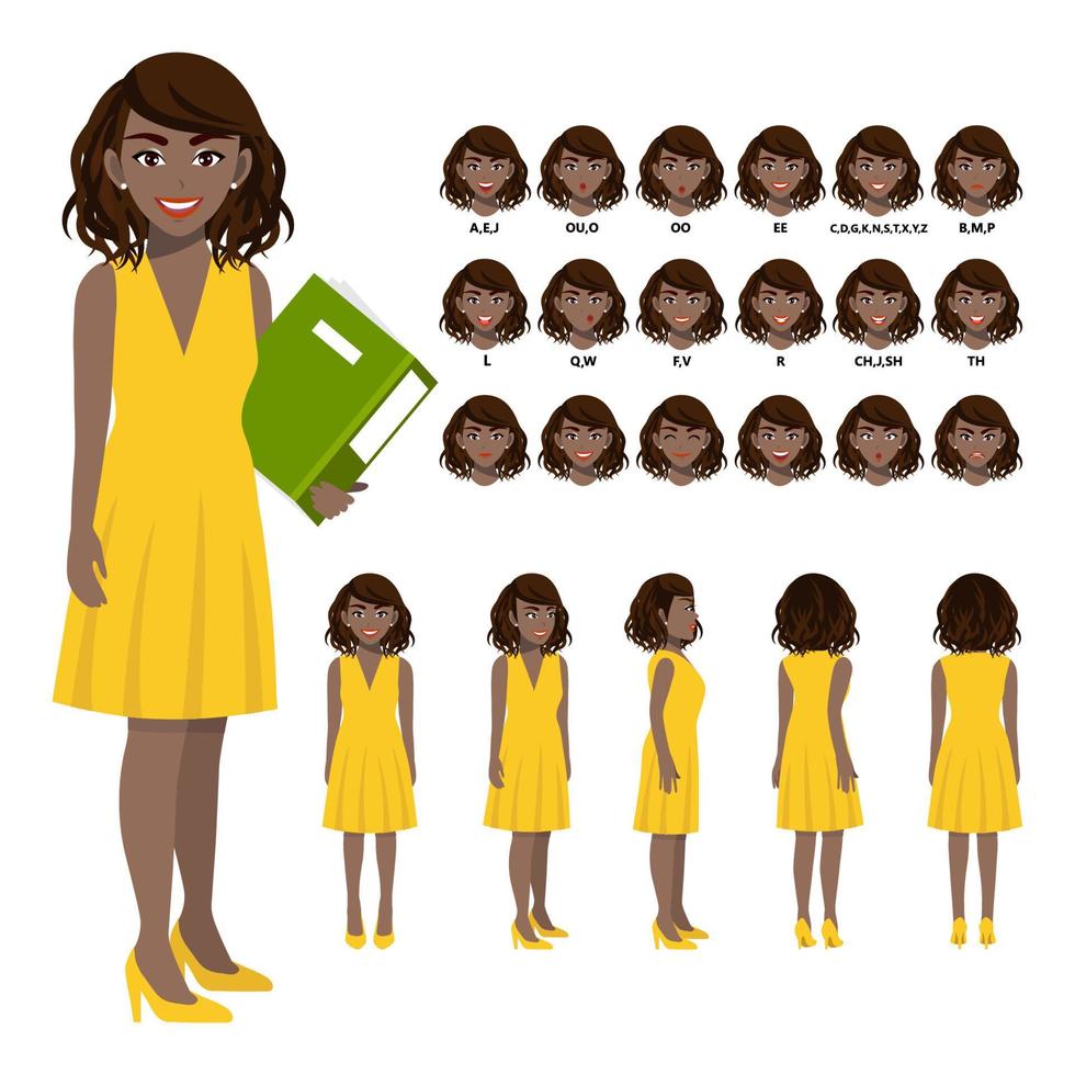 personaggio dei cartoni animati con donna d'affari afroamericana in abbigliamento casual per l'animazione. fronte, lato, retro, 3-4 caratteri di visualizzazione. parti separate del corpo. illustrazione vettoriale piatta.