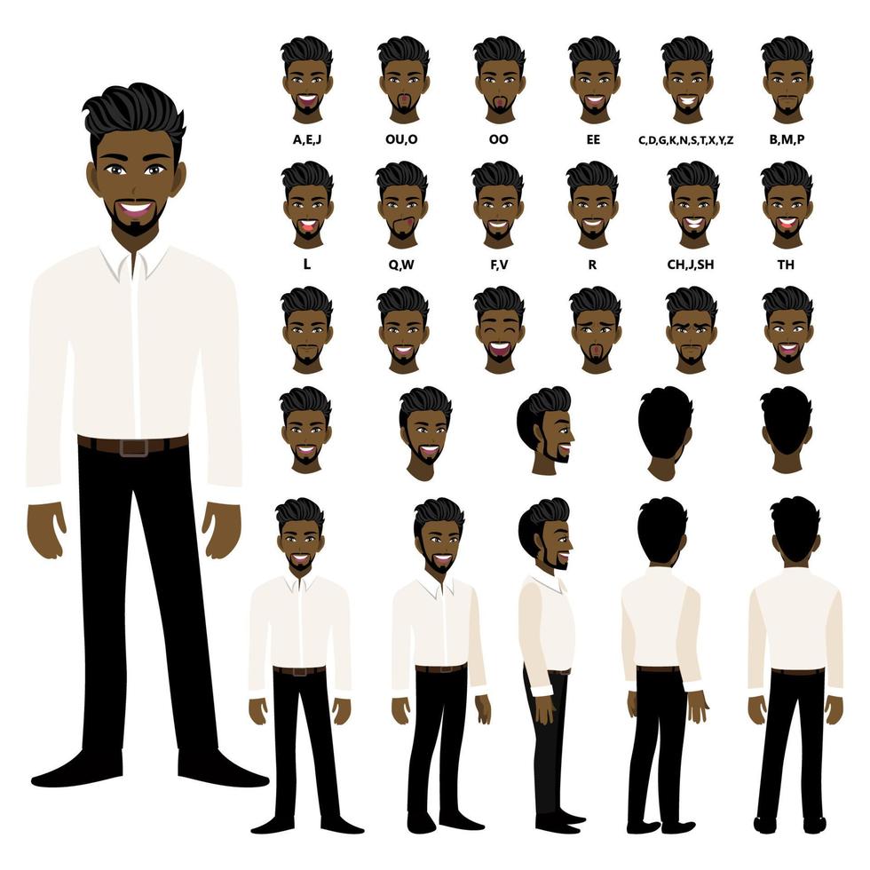 personaggio dei cartoni animati con uomo d'affari afroamericano in camicia intelligente per l'animazione. fronte, lato, retro, 3-4 caratteri di visualizzazione. parti separate del corpo. illustrazione vettoriale piatta.