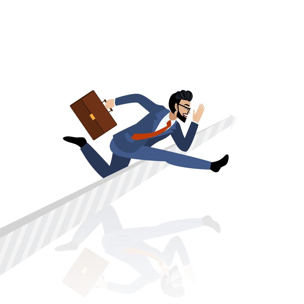 corsa. personaggio dei cartoni animati di un uomo d'affari che salta sopra il segno della freccia sul vettore bianco del fondo