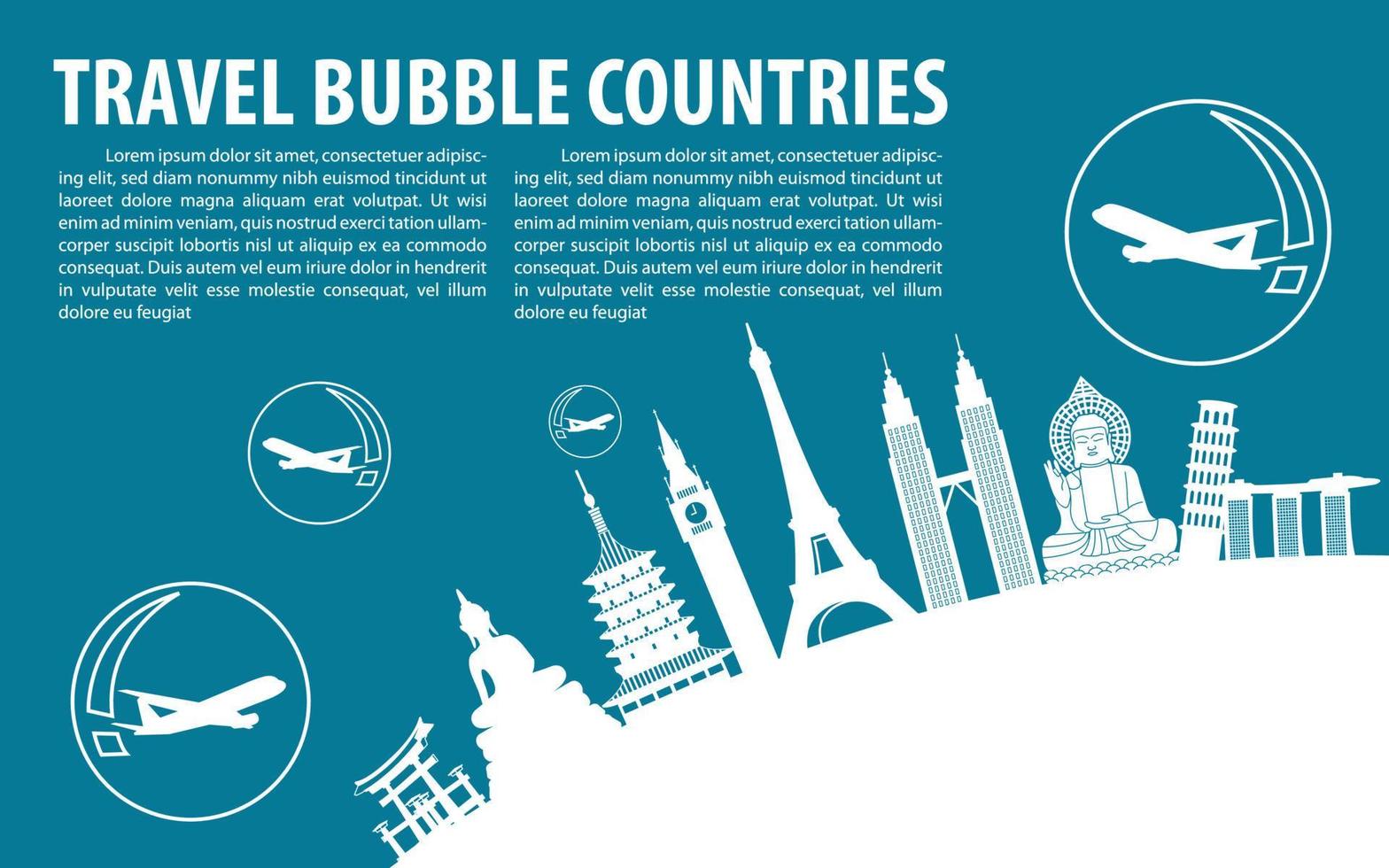 concept art di bolla di viaggio da simboli di punti di riferimento con situazione di virus corona vettore