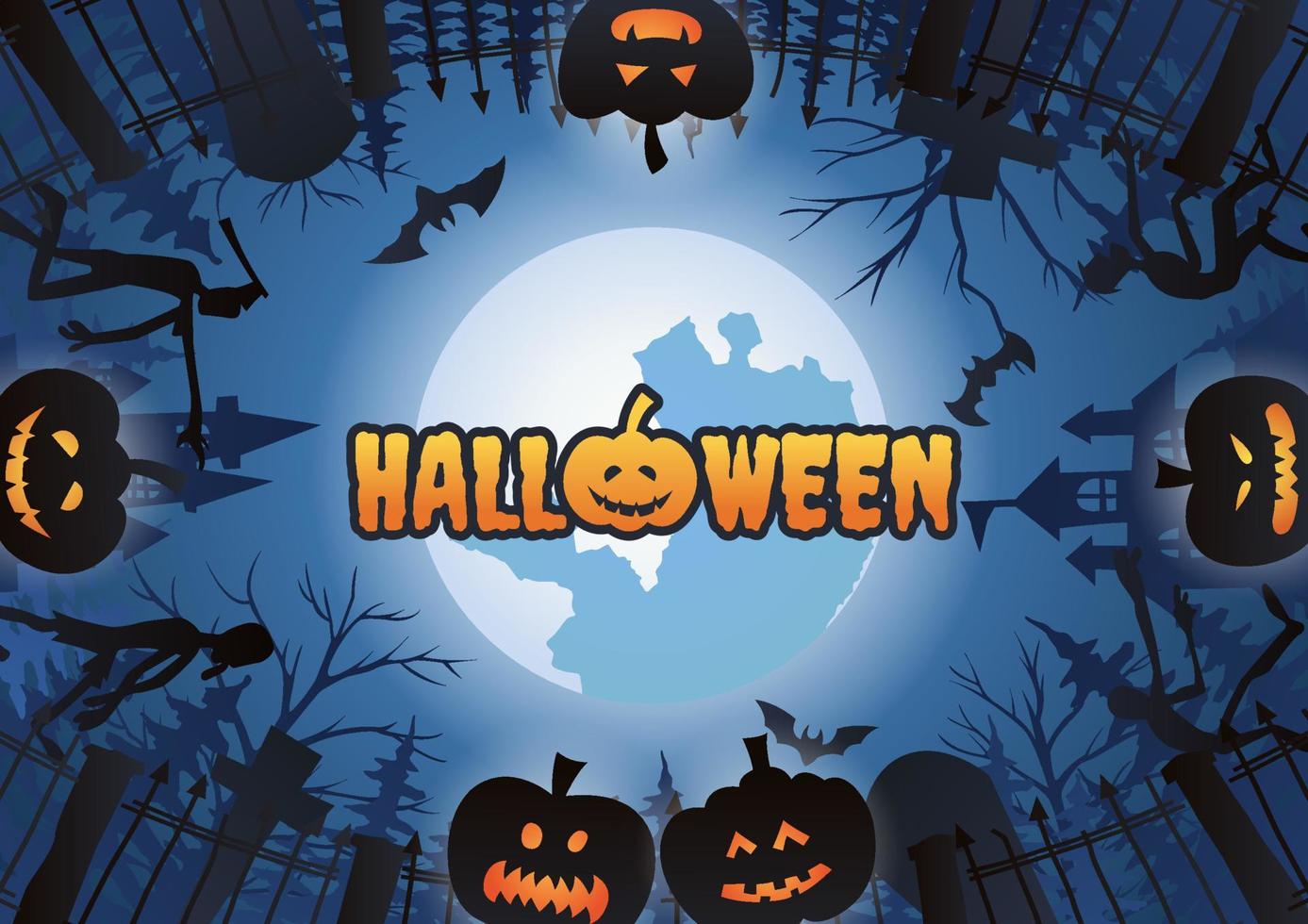 sfondo di halloween con cornice della scena del cimitero e zucche nella notte di halloween vettore
