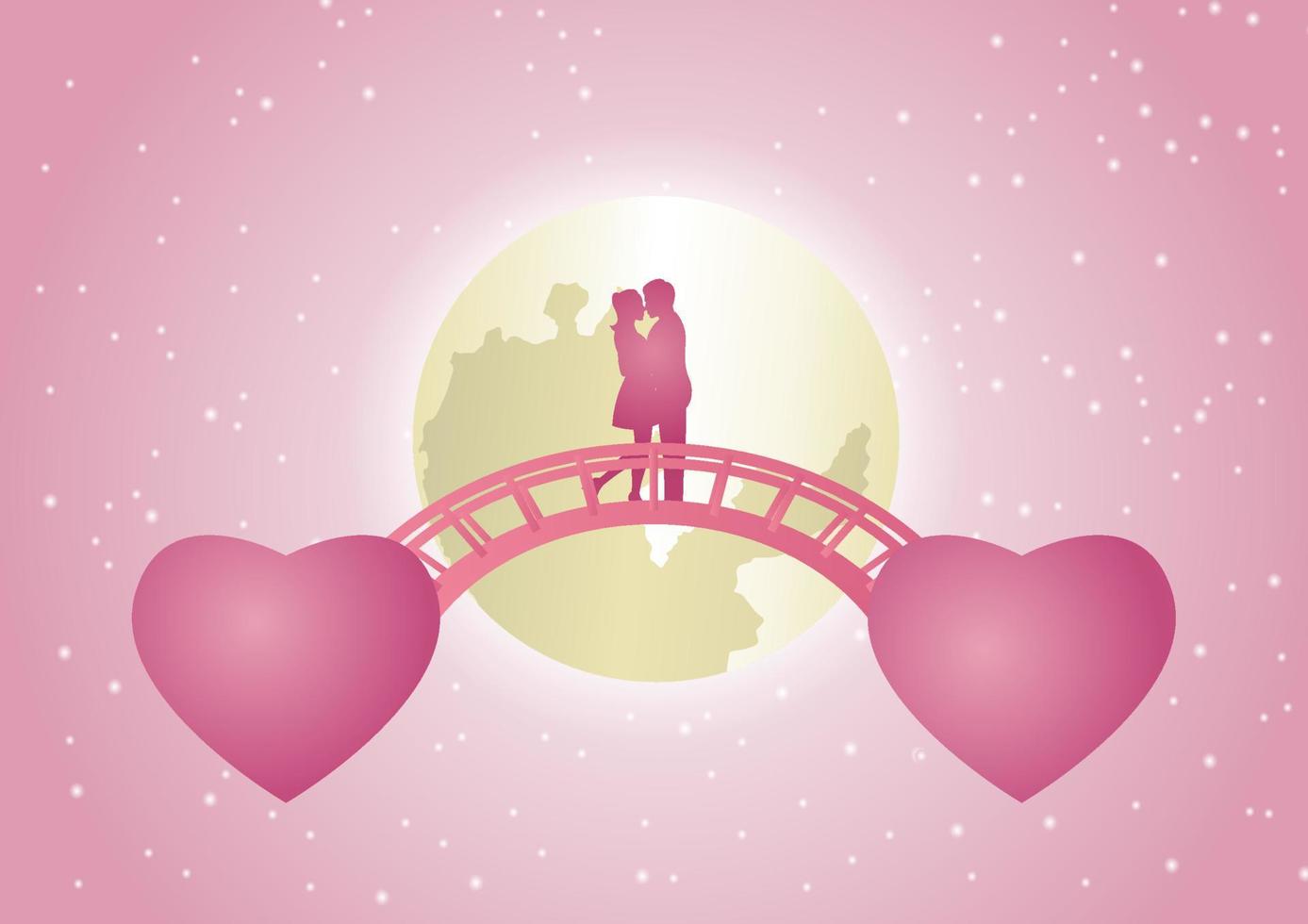 le coppie si abbracciano e si baciano sul ponte che collega a forma di cuore volante. concept art significa legame d'amore a memoria vettore