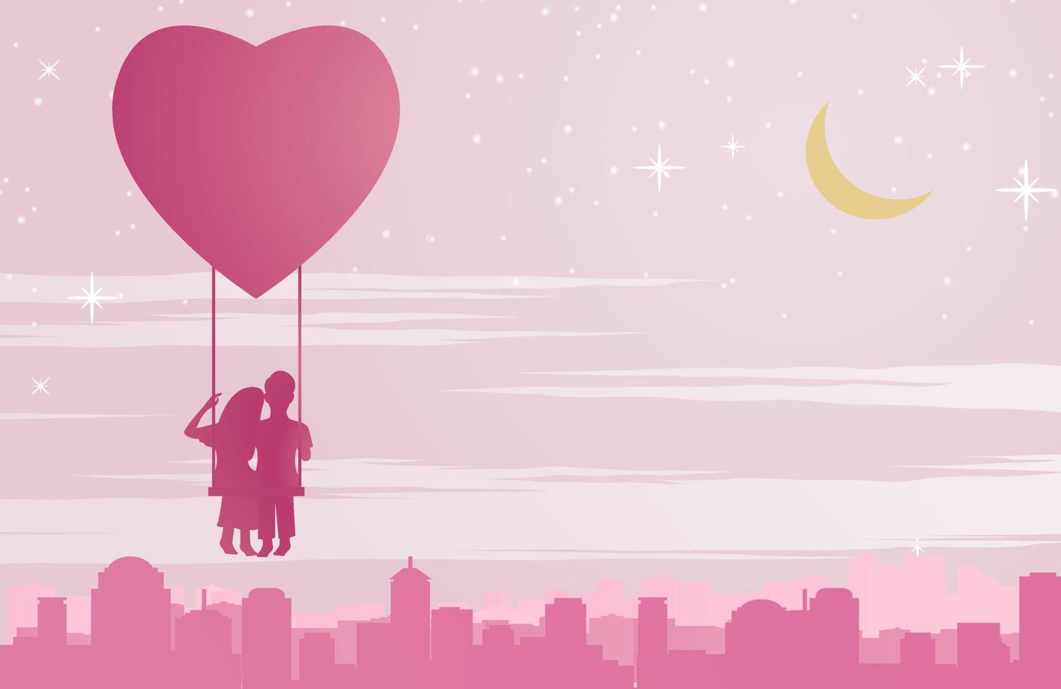 la coppia si siede su un'altalena che galleggia con un palloncino a forma di cuore sopra la città, l'arte concettuale significa che l'amore rende le persone felici come volare in cielo vettore