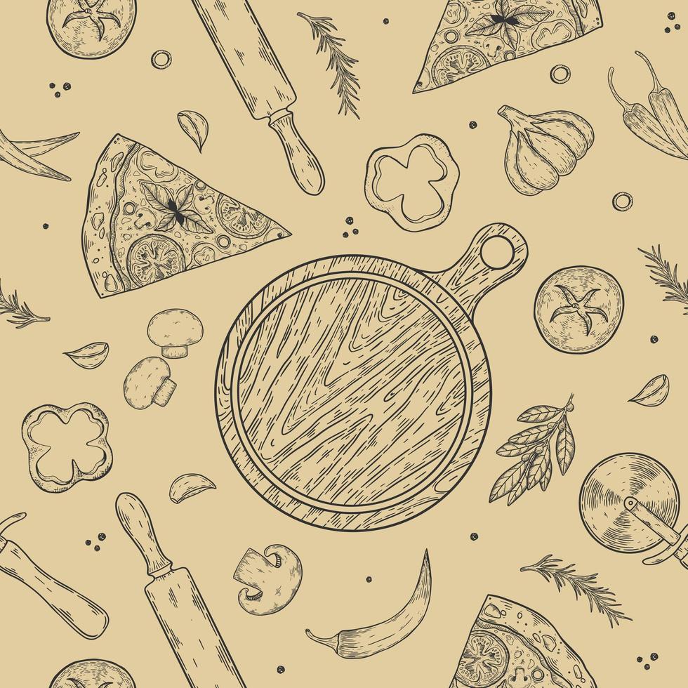 trama senza soluzione di continuità. immagine a colori vettoriale di una pizza. fette con vari ingredienti.