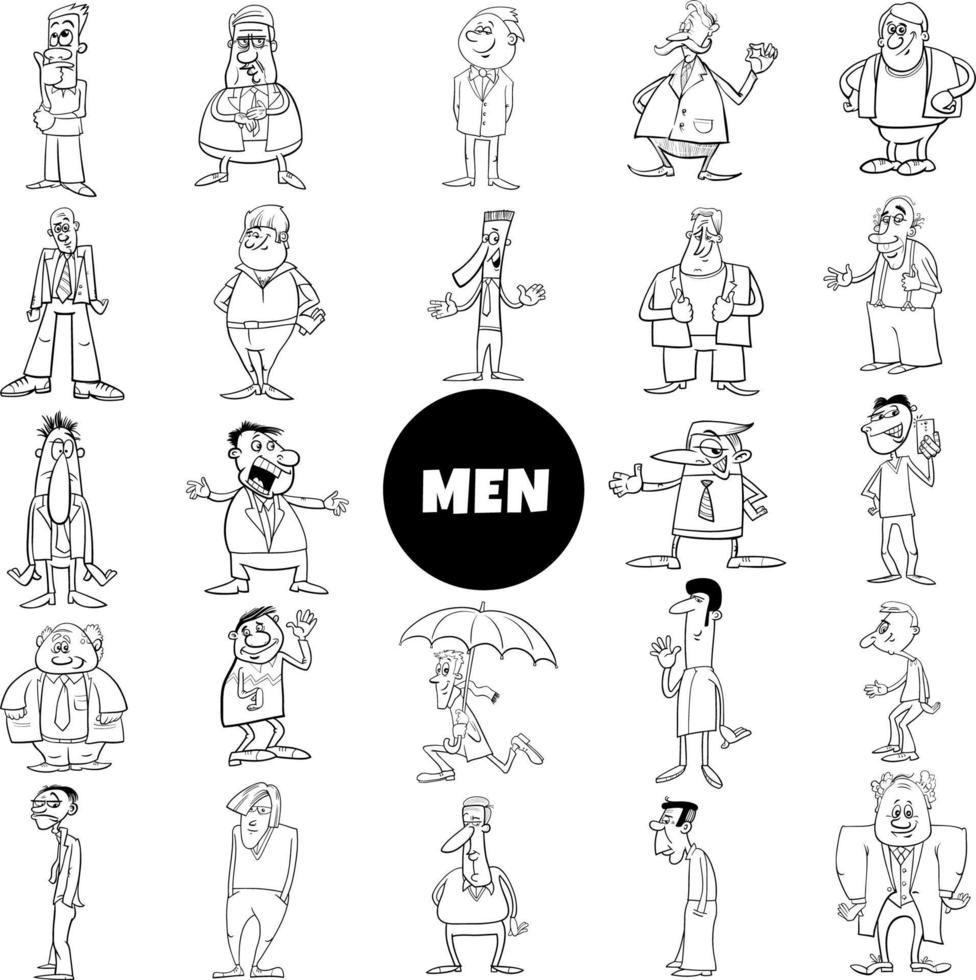set grande di personaggi di uomini divertenti del fumetto in bianco e nero vettore