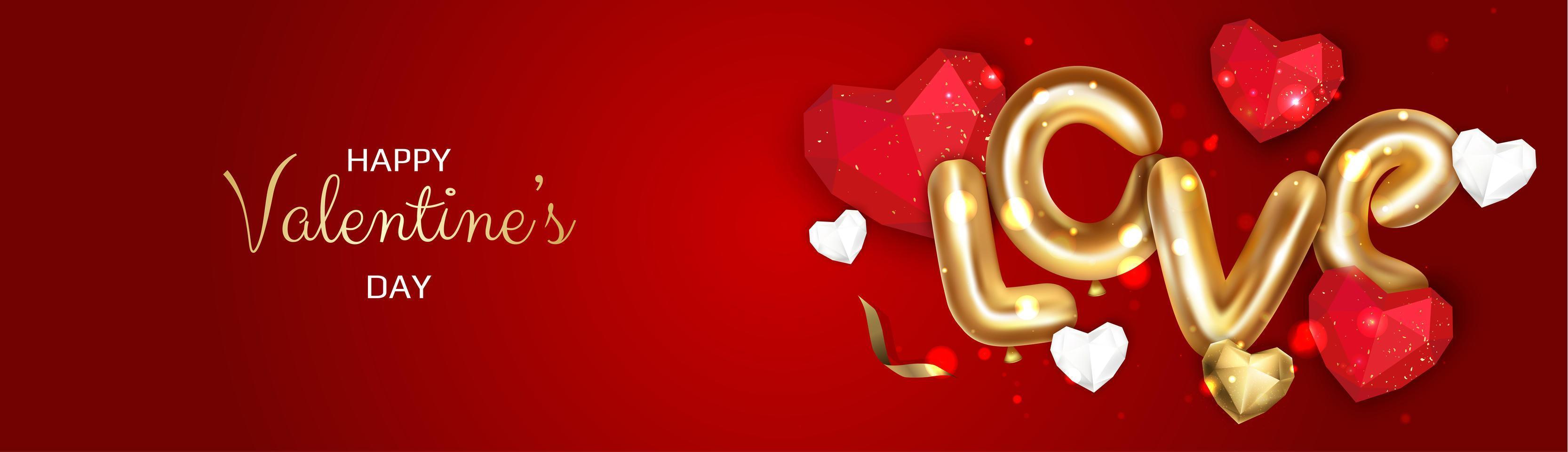 banner creativo romantico di buon san valentino, intestazione orizzontale per il sito Web. sfondo realistico cuore 3d. vettore