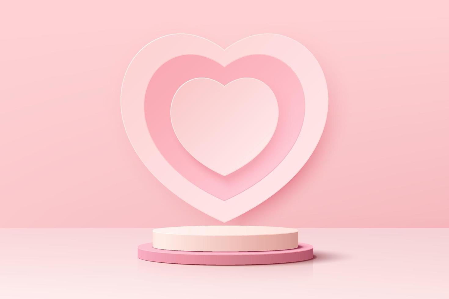 realistico podio con piedistallo cilindro 3d rosa e bianco con sfondo simbolo a forma di cuore. scena minima di san valentino per vetrina di prodotti, display promozionale. disegno astratto della piattaforma della stanza dello studio di vettore. vettore