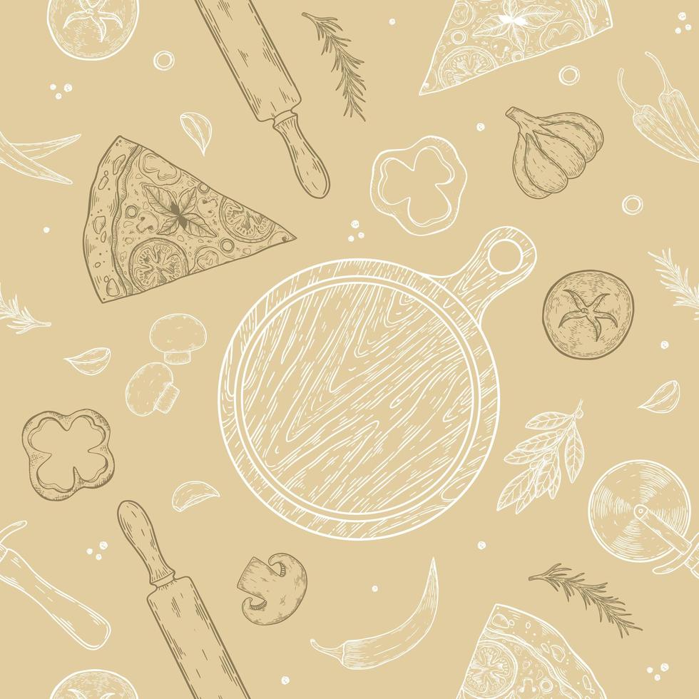 trama senza soluzione di continuità. immagine a colori vettoriale di una pizza. fette con vari ingredienti.