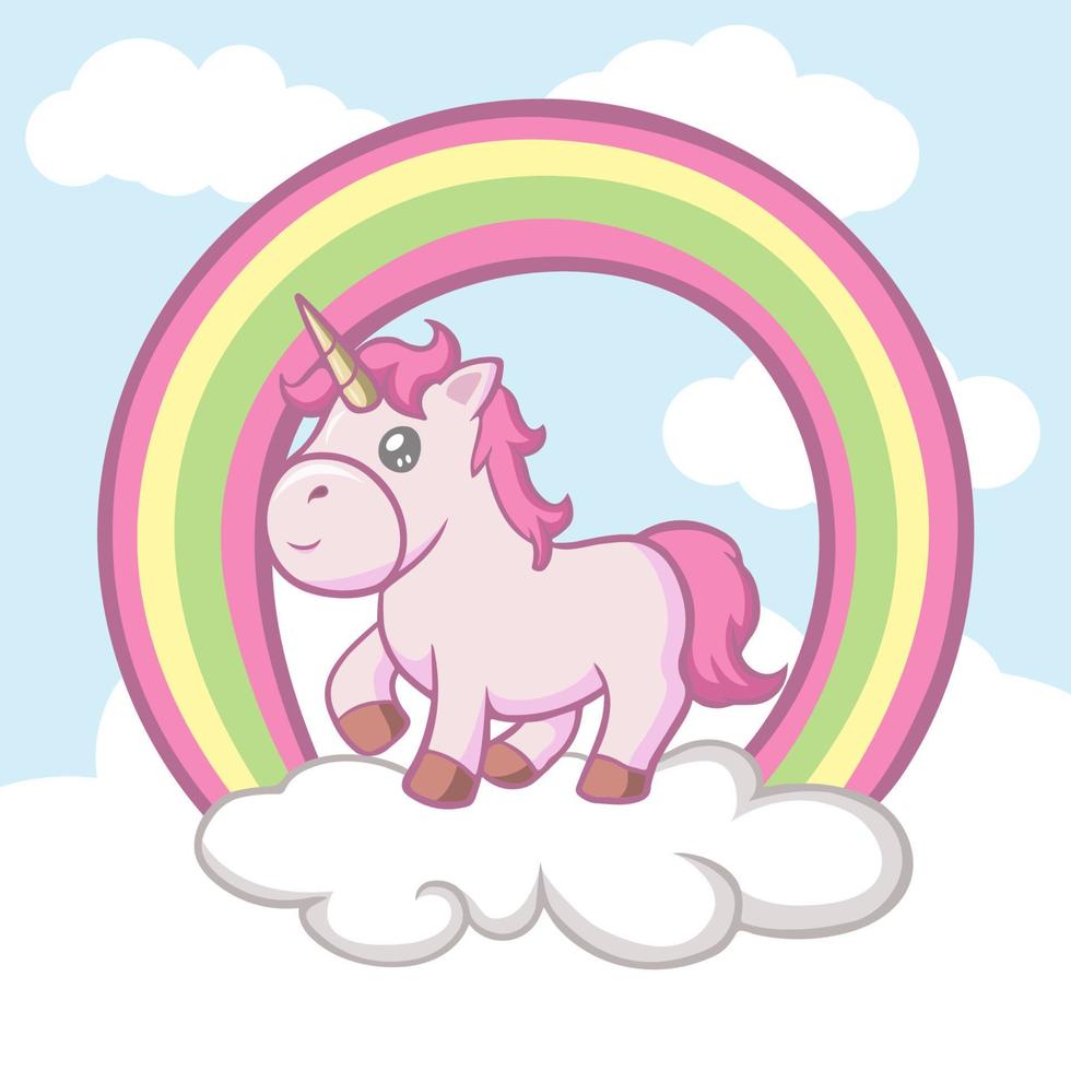 simpatico unicorno su nuvole e arcobaleno vettore
