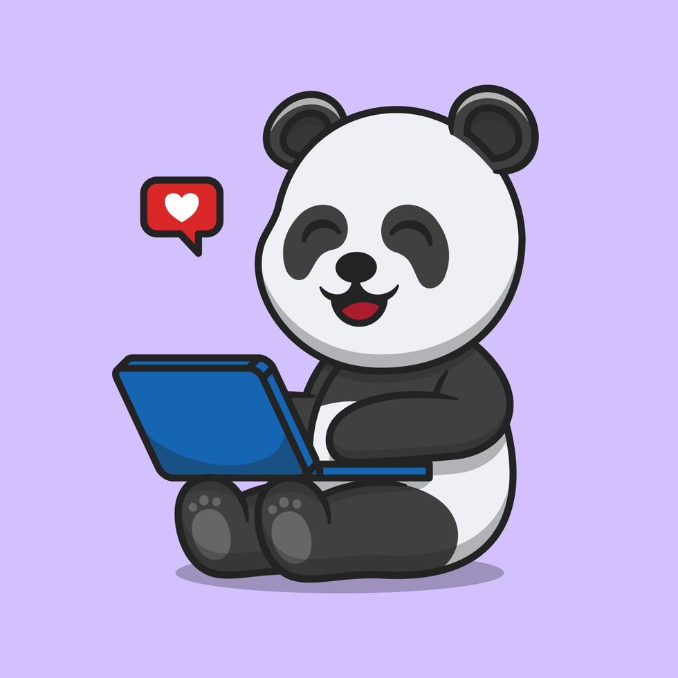 simpatico panda che lavora sull'illustrazione dell'icona di vettore del fumetto del computer portatile