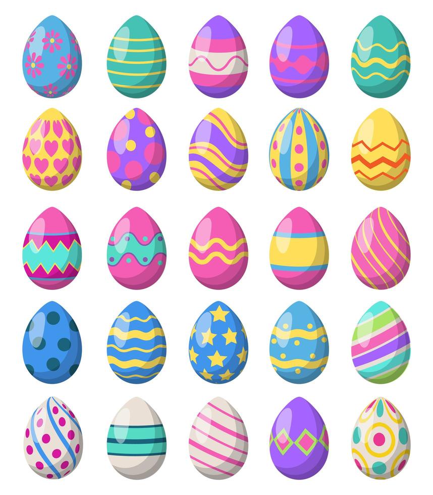 set di 25 uova di Pasqua colorate isolate su sfondo bianco - vettore