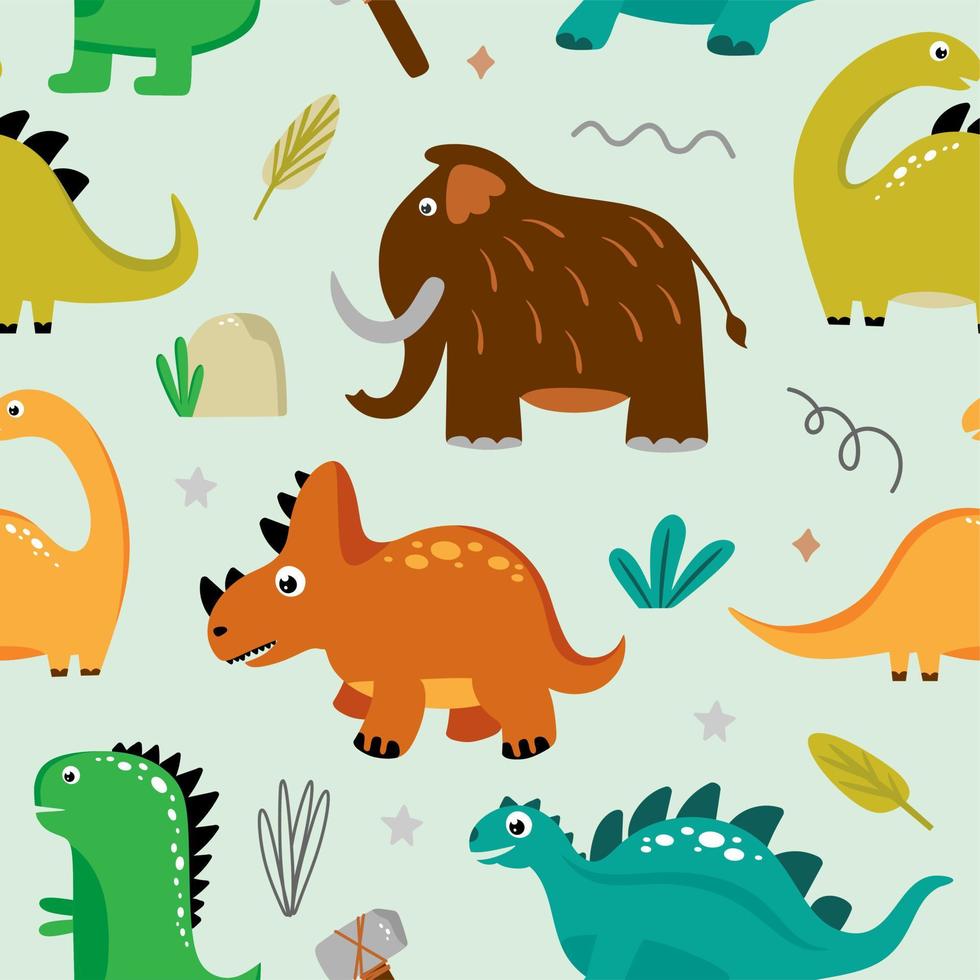 modello senza cuciture con divertenti dinosauri su sfondo verde chiaro. utilizzare per tessuti, carta da imballaggio, poster, sfondi, decorazione di feste per bambini. illustrazione vettoriale