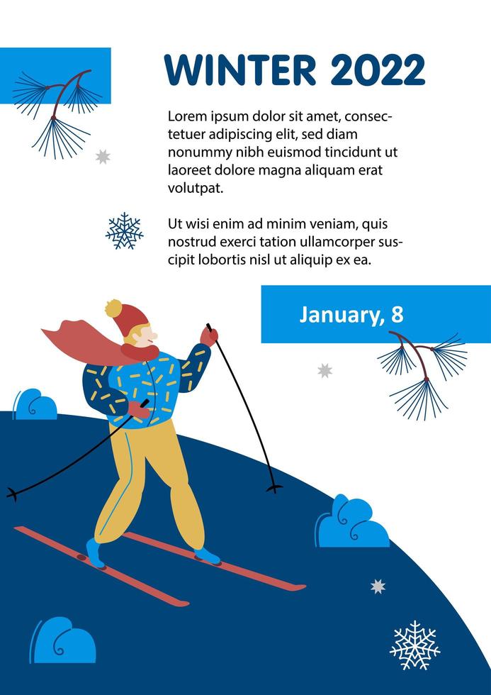 poster di sci per gli sport invernali. paesaggio di montagna. sciatore in movimento invernale. modello sportivo di volantino, riviste, banner. concetto di invito stile di vita attivo. illustrazione del fumetto vettoriale piatto