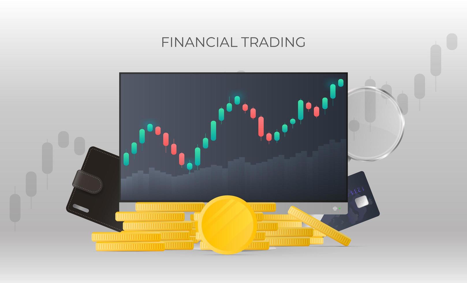 banner di trading finanziario. monitor che mostra le quotazioni del mercato azionario, monete d'oro, carte bancarie, monete e lente d'ingrandimento. concetto di trading di investimenti del mercato azionario. illustrazione vettoriale. vettore