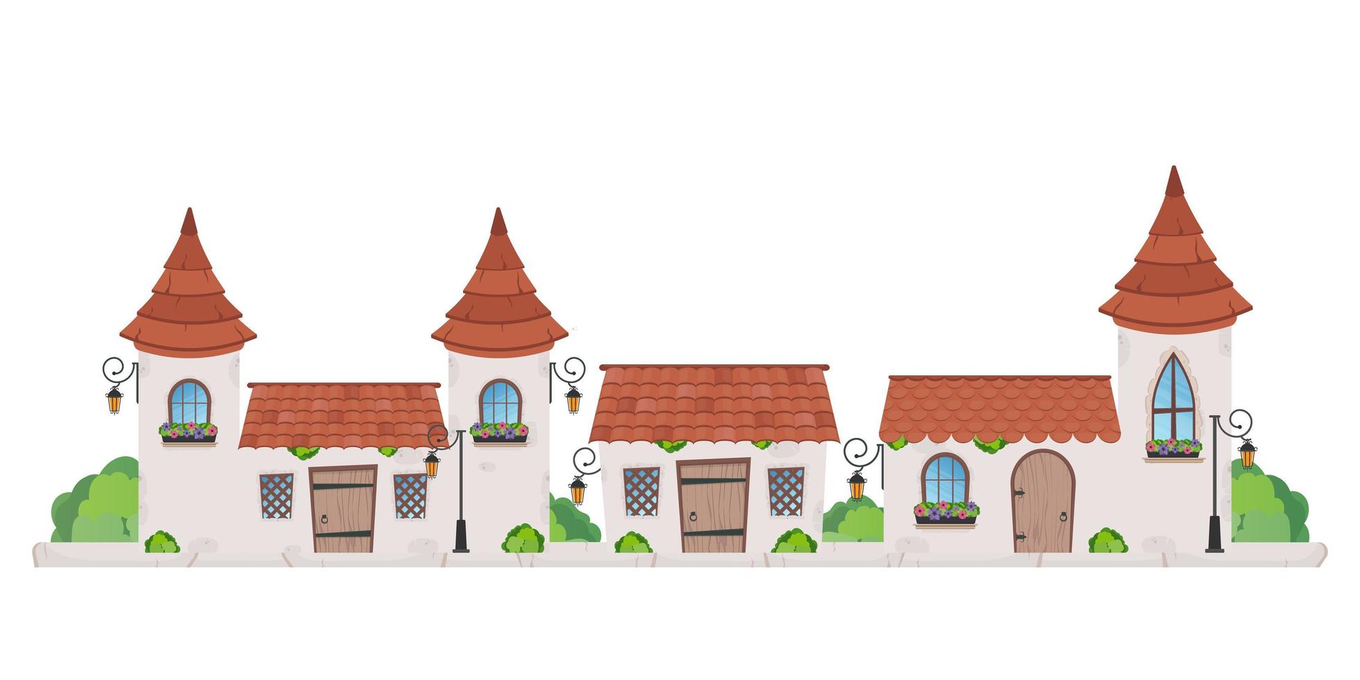 illustrazione di vettore del fumetto degli edifici urbani in stile coloniale retrò. vecchi edifici residenziali e governativi, case vittoriane isolate su bianco