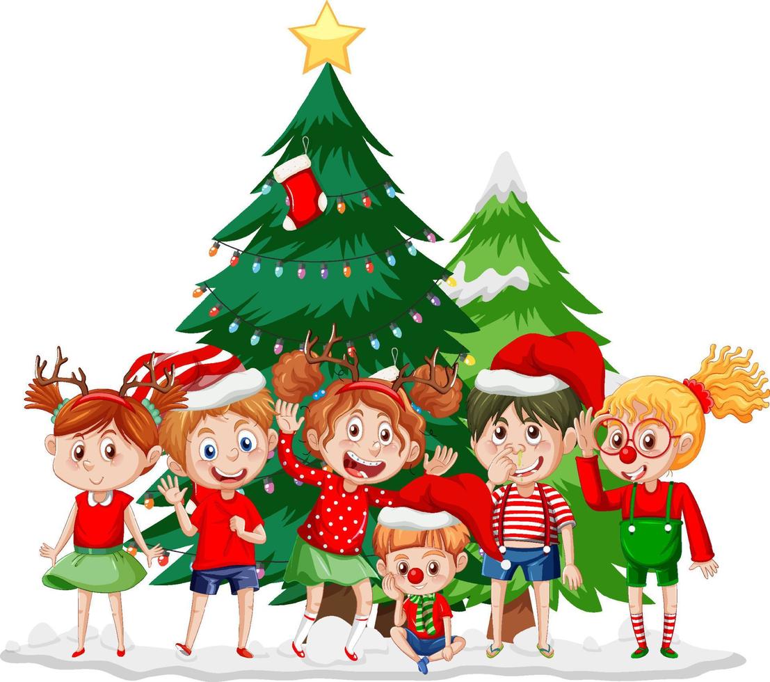 periodo natalizio con bambini e alberi di natale vettore