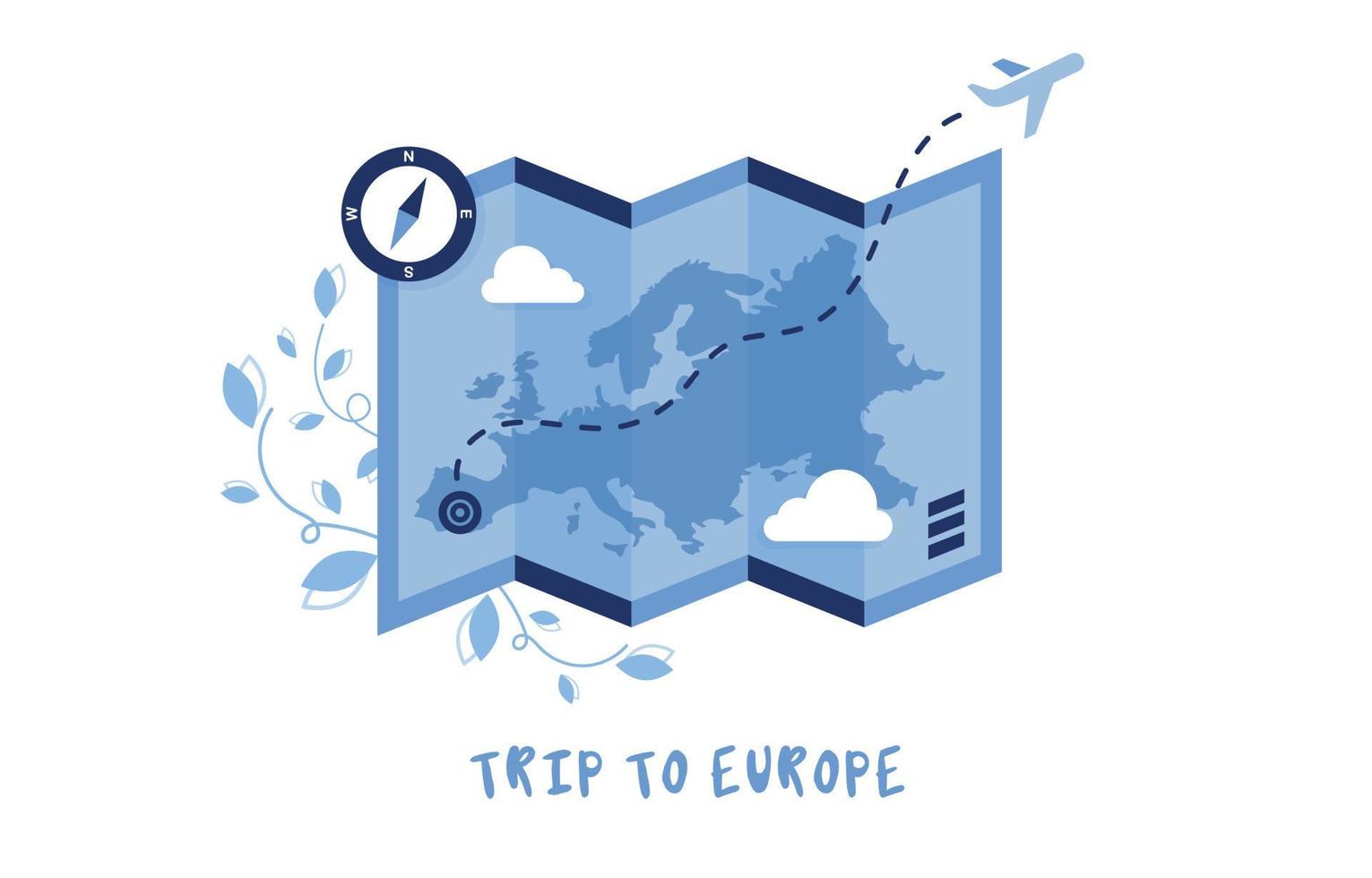 illustrazione vettoriale dettagliata di una mappa con una bussola. viaggiare in aereo. il territorio d'Europa. aereo volante le nuvole. pianificazione delle vacanze. viaggio in europa. tempo di viaggiare. blu e bianco