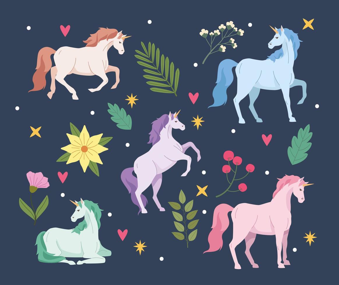 cinque unicorni animali fatati vettore