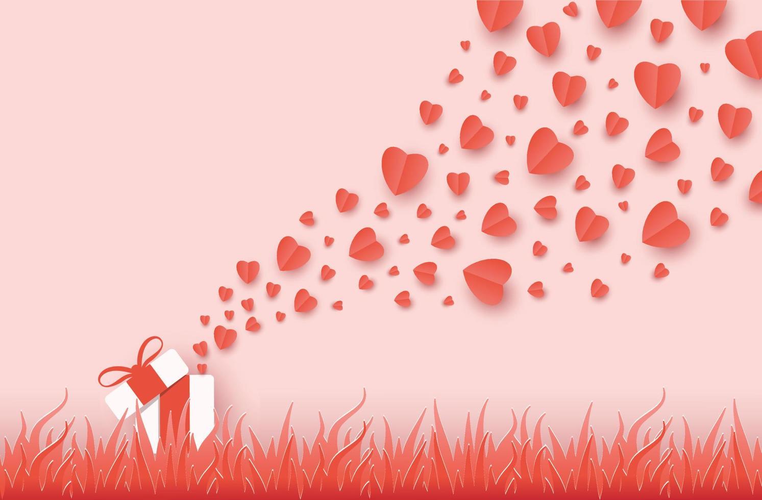 confezione regalo di illustrazione con amore e San Valentino, stile origami tagliato su carta, cuore d'erba galleggiante sul cielo, arte creativa, vettore di artigianato digitale