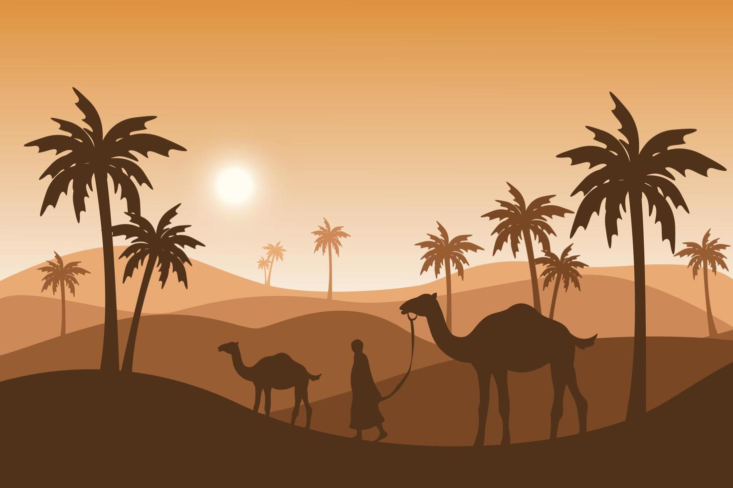 cammello e persone silhouete sfondo, illustrazione islamica carta da parati, vacanza eid al adha, bellissimo paesaggio di luce solare, palma, deserto di sabbia, grafica vettoriale