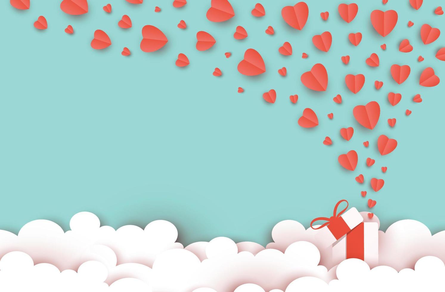 illustrazione confezione regalo con amore volante e San Valentino, stile taglio carta origami, cuore galleggiante sul cielo, decorazione nuvola arte creativa, vettore artigianato digitale