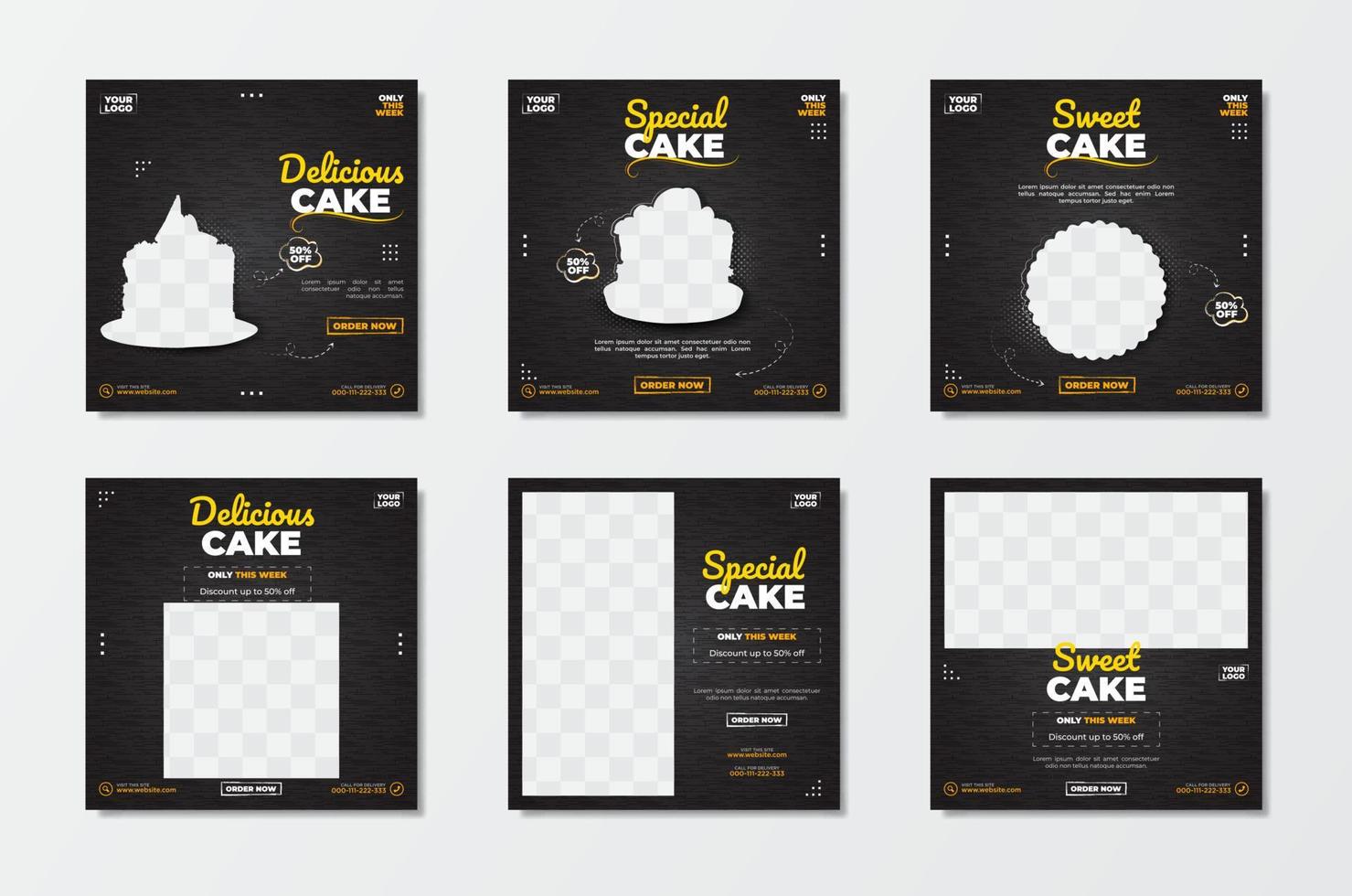 raccolta di modelli di cibo per torte per post sui social media con sfondo scuro vettore