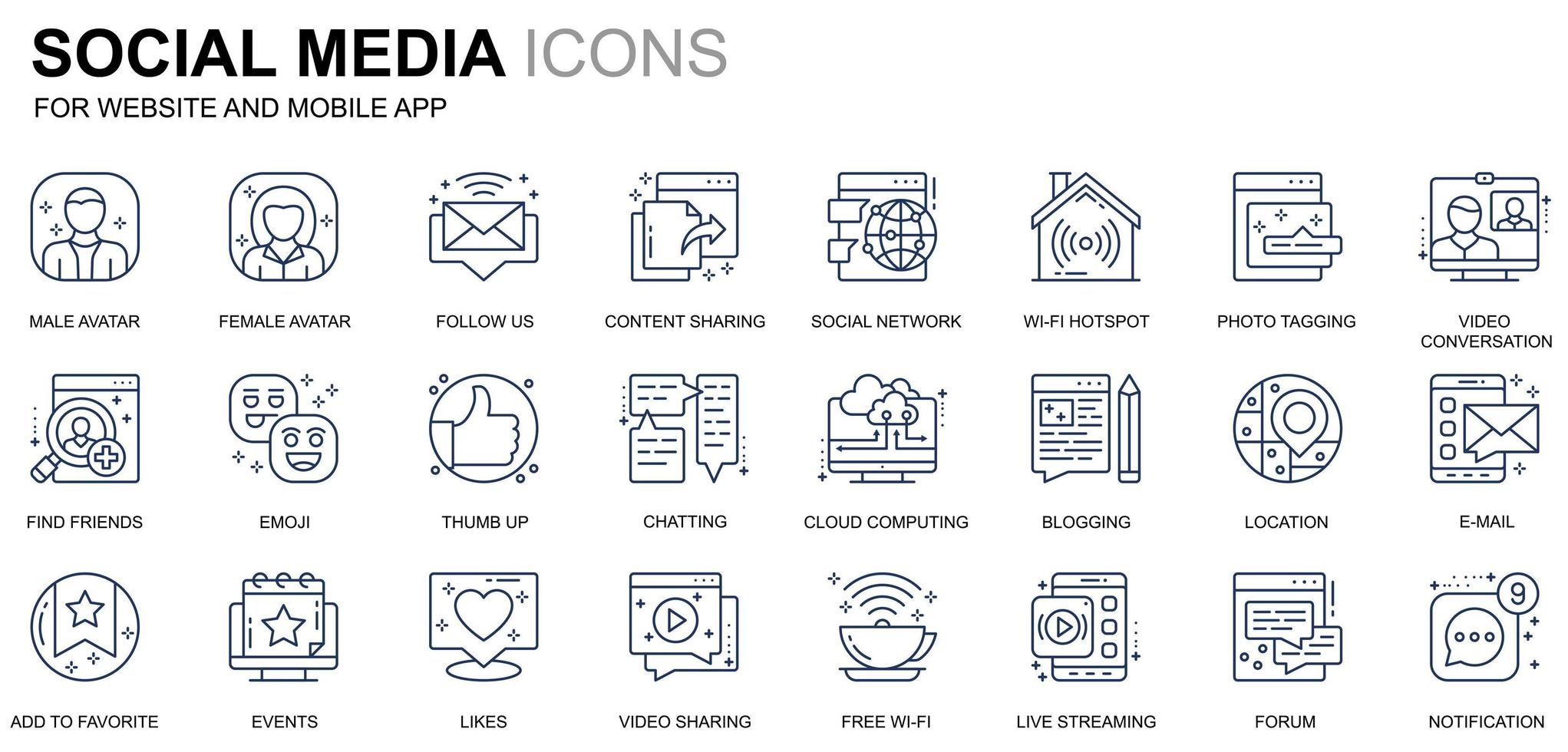 icone semplici di social media e linea di rete per siti Web e app mobili. contiene icone come avatar, emoji, chat, Mi piace. icona della linea di colore concettuale. pacchetto di pittogrammi vettoriali. vettore