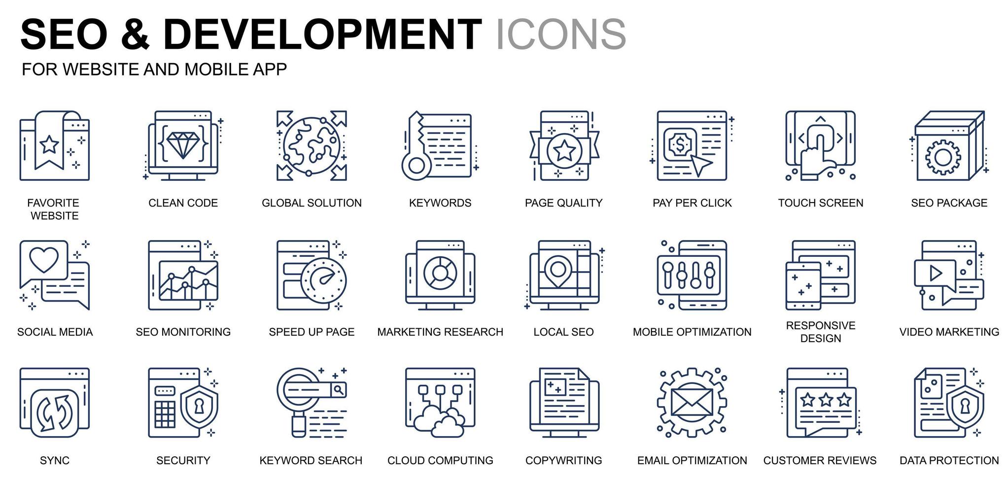 set semplice di icone della linea di sviluppo e seo per il sito Web e le app mobili. contiene icone come codice pulito, protezione dei dati, monitoraggio. icona della linea di colore concettuale. pacchetto di pittogrammi vettoriali. vettore