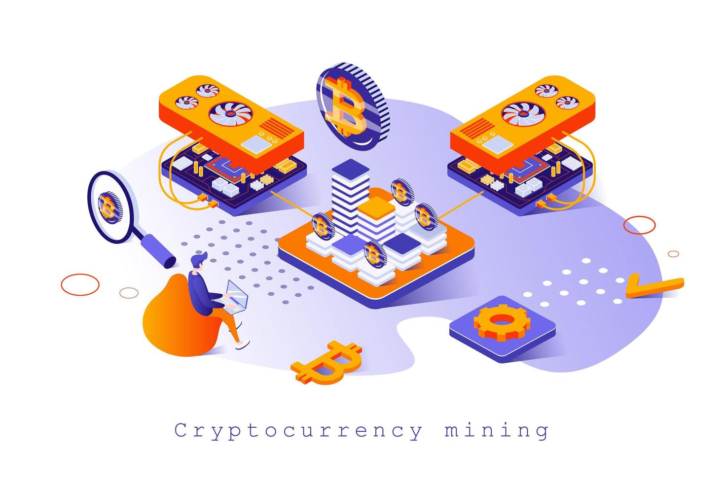 concetto di mining di criptovaluta nel design isometrico 3d. mining di bitcoin e altri criptovalute in fattoria, commercio, tecnologia blockchain, modello web con scena di persone. illustrazione vettoriale per la pagina web