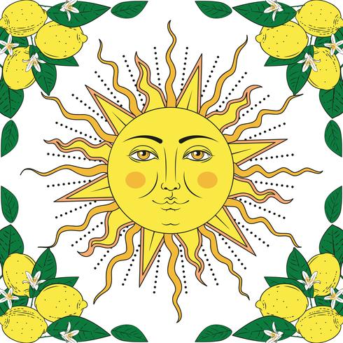 Frutti tropicali di agrumi limone con cornice di fiori e sole con viso umano. Elementi colorati estivi. Illustrazione vettoriale