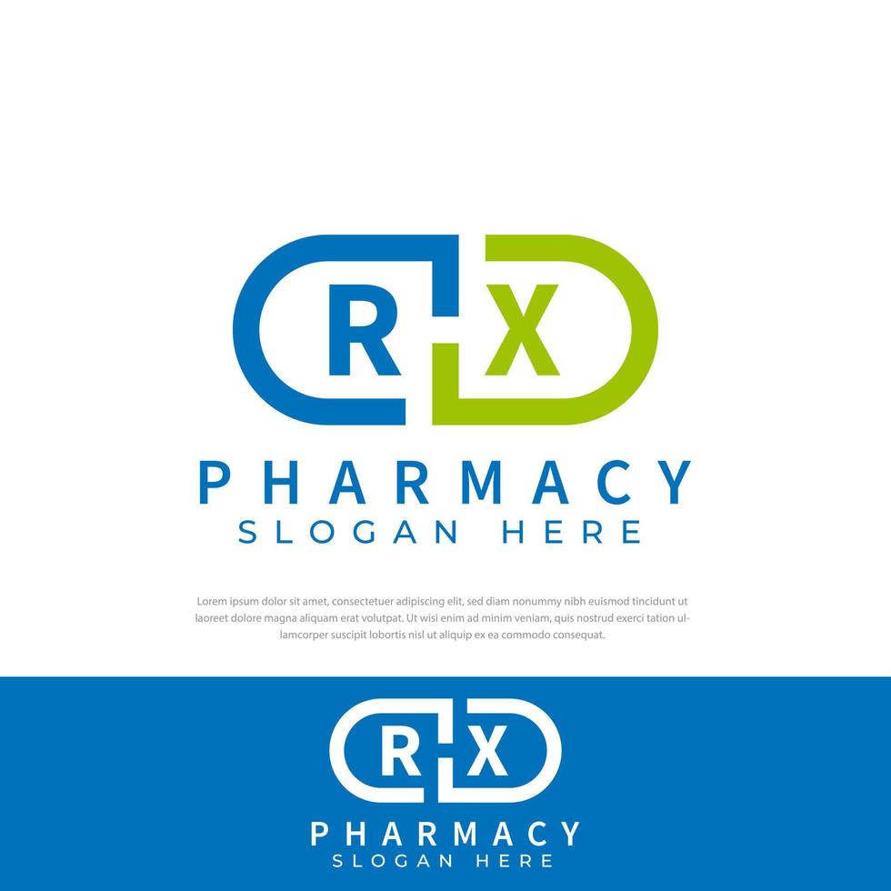 vettore del logo della medicina della capsula farmaceutica rx, scelta del farmaco, farmacia, modello di logo vettoriale