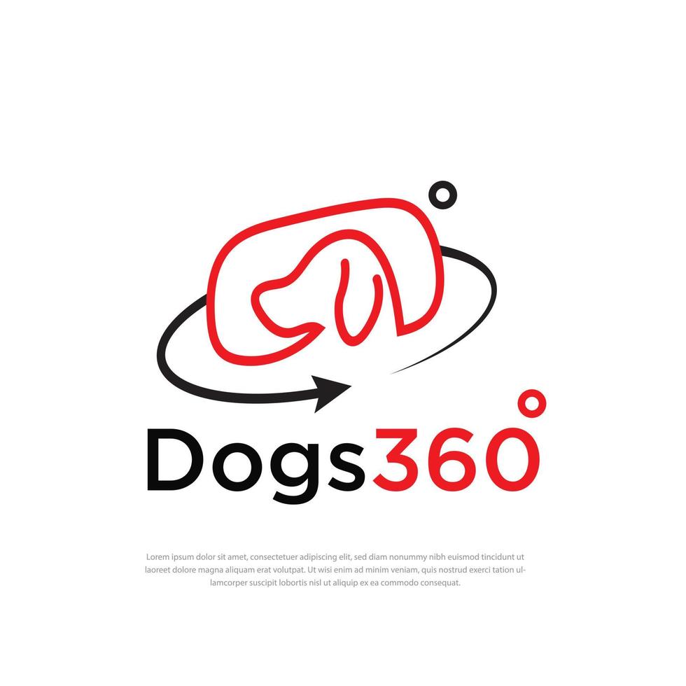 logo del disegno vettoriale dell'app a 360 gradi del cane per la vista a 360 gradi e la freccia circolare.