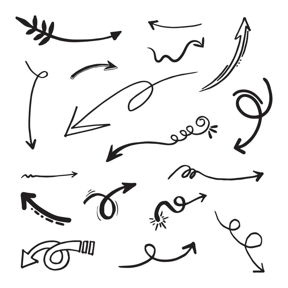 insieme dell'icona della freccia disegnata a mano. illustrazione vettoriale di scarabocchio.