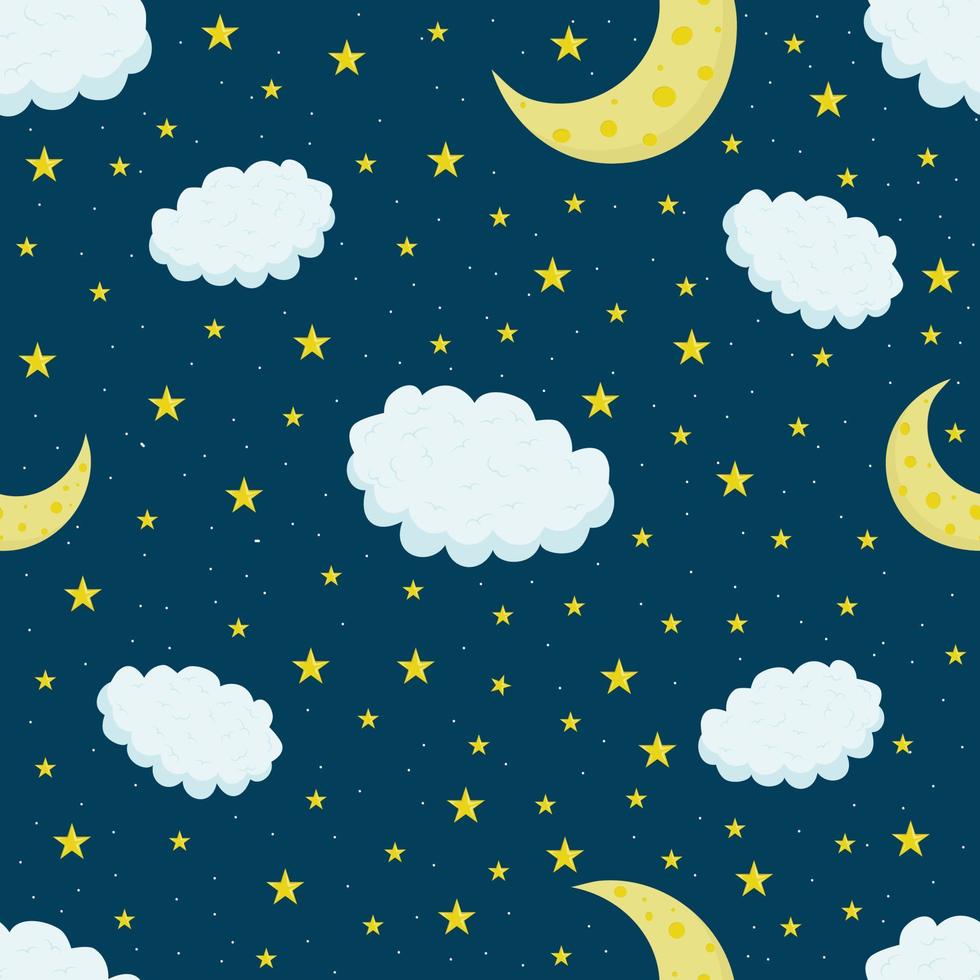 modello senza cuciture con sfondo blu cielo, luna, stelle n stile piatto cartone animato. Buona notte. trama infinita per tessuto vettore