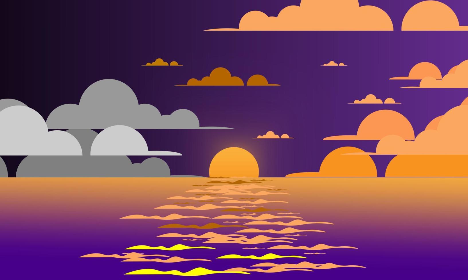 illustrazione vettoriale del tramonto sull'oceano al tramonto con colore viola e arancione