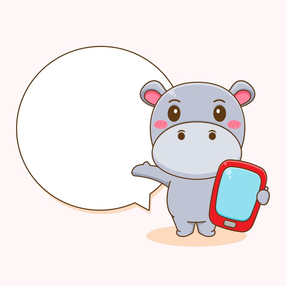 simpatico personaggio dei cartoni animati di ippopotamo che tiene telefono e chat di bolle vettore