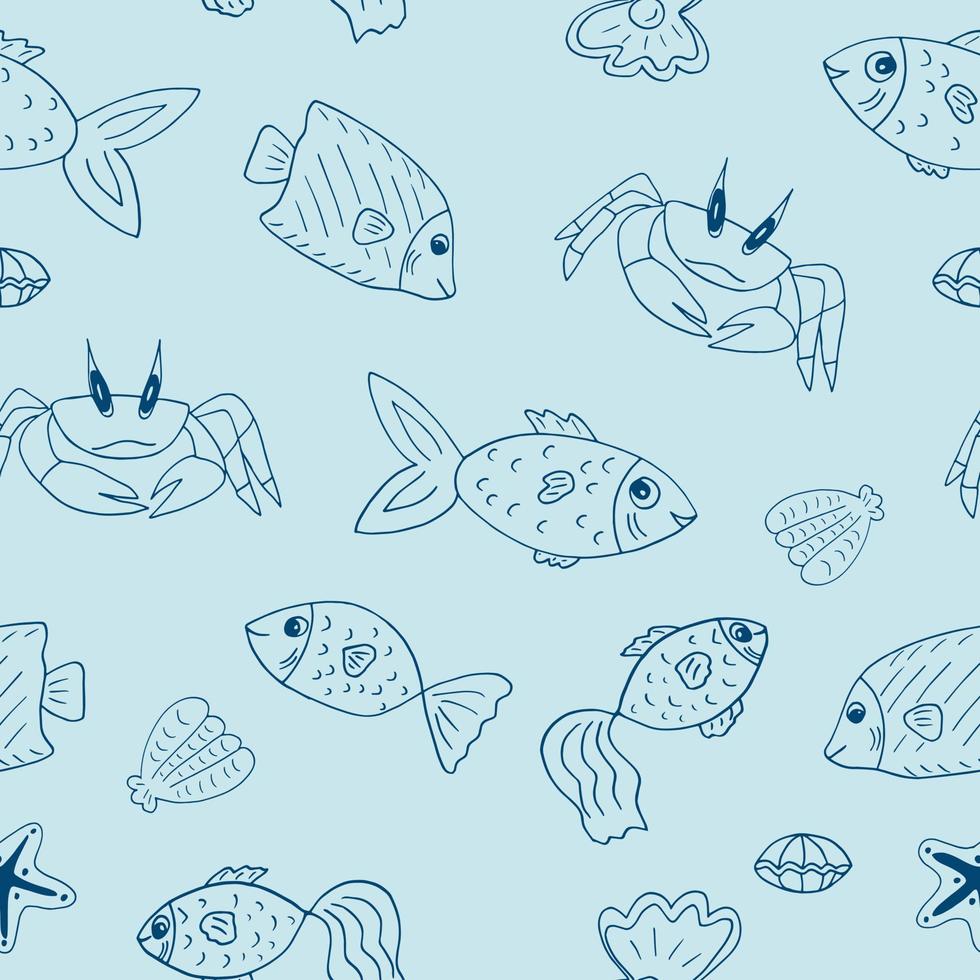 pesce, granchio, conchiglia, stella marina senza cuciture doodle disegnato a mano. , minimalismo, scandinavo, colori alla moda 2022. vita marina, carta da parati oceano mare sfondo tessile carta da imballaggio vettore